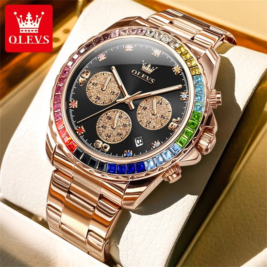 OLEVS 2939 Men Watch Fashion Luxury Rainbow Diamond bezel Quartz Watch Waterproof Date Chronograph Sport Men Watch Reloj Hombre